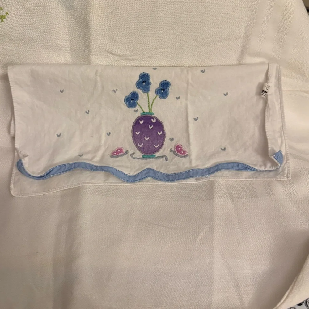 Vintage White Cloth table cover with Purple and Blue Floral Design #17